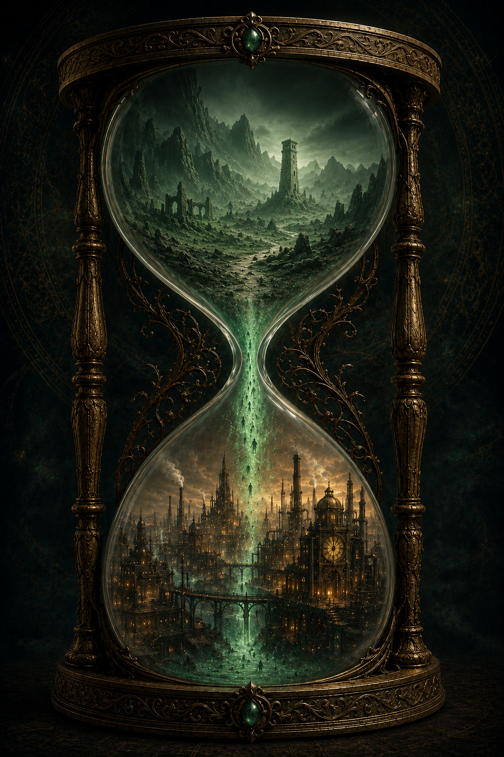 An ornate hourglass with elaborate golden bronze frame and green glowing sand, showing a mystical landscape in the upper chamber and a steampunk city in the lower chamber, connected by flowing green magical energy
