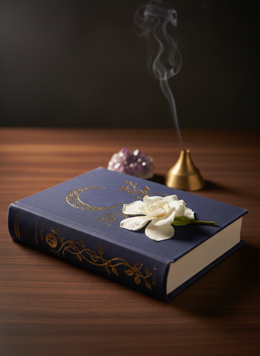 A hardback sapphic romance novel resting closed on a dark walnut desk, its deep indigo cloth cover embossed with a subtle crescent moon and intertwined vine motif in matte gold. A single pressed white gardenia lies across the cover, petals soft and slightly translucent. Behind it, a small cluster of amethyst crystals and a brass incense holder shape the scene, with a faint wisp of smoke curling upward. Soft, warm lamplight from the left creates gentle highlights on the gold embossing and casts long, quiet shadows. Photographic realism, shot at eye level with a shallow depth of field that blurs the background into a velvety darkness, evoking a sophisticated, spiritual, and emotionally intimate atmosphere.