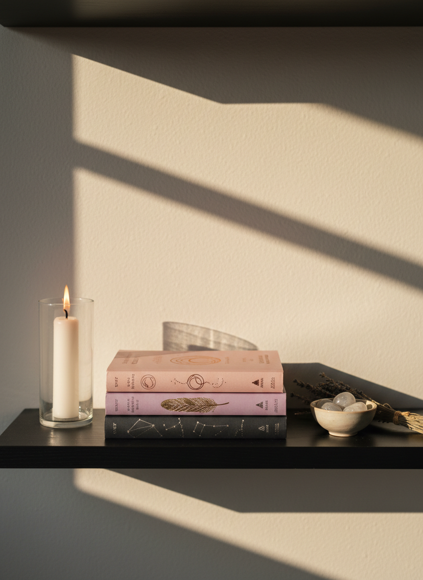 A minimalist author’s altar dedicated to story inspiration, arranged on a matte black wooden shelf. At the center, a stack of three neatly arranged sapphic romance books with understated covers in shades of charcoal, plum, and soft rose, each with subtle foil symbols like constellations and feathers. Surrounding them are a lit white pillar candle in a clear glass holder, a small bowl of polished moonstones, and a dried lavender bundle tied with twine. Golden hour sunlight slants across from the right, igniting the candle flame and casting overlapping, poetic shadows on the wall. Photographic realism, framed in a centered, slightly elevated composition with shallow depth of field, creating a serene, spiritual, and sophisticated atmosphere that suggests quiet emotional depth.