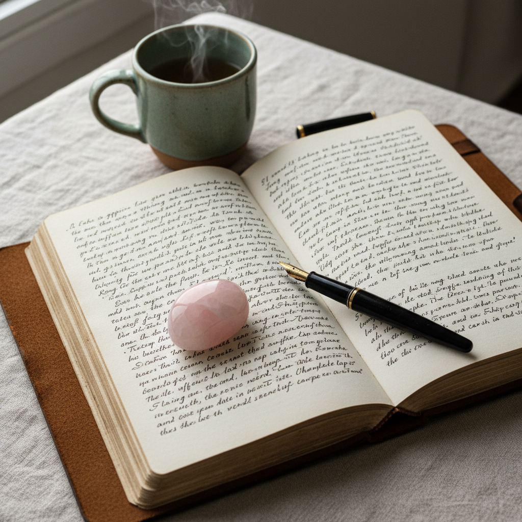 An open journal-style manuscript spread across a linen-covered table, its creamy pages filled with dense, handwritten sapphic love notes and scene outlines in dark ink, lines slightly imperfect and textured. A smooth rose quartz palm stone rests on one page beside a fountain pen with a black lacquer body and gold nib. At the top of the frame, a ceramic mug of herbal tea sends up delicate steam. Soft overcast daylight filters in from an unseen window, washing the scene in gentle, diffused light and casting minimal shadows. Photographic realism, captured from a slightly elevated angle with rule-of-thirds composition, creating a contemplative, spiritual workspace that feels intimate, emotional, and thoughtfully composed.