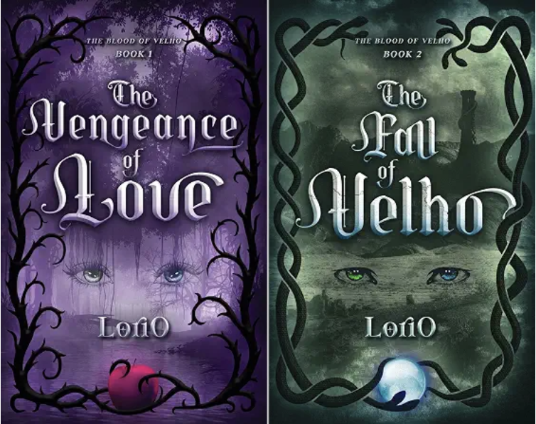 Side by side book covers from the Blood of Velho series: The Vengeance of Love and The Seal of Aeiho by LoriO