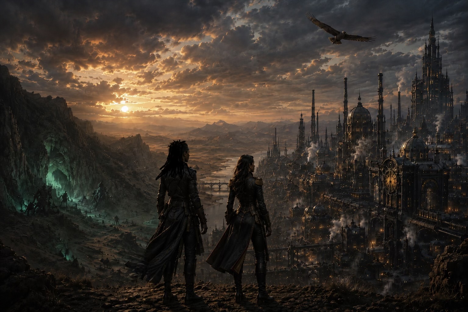 The Blood of Velho series cover featuring two women standing on a cliff overlooking a steampunk city, with a glowing green cave on the left, golden illuminated spires in the distance, and an eagle soaring above under a dramatic sunset sky.